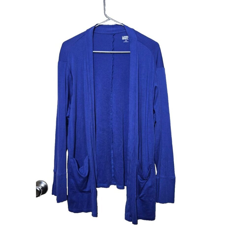 Lands End Open Cardigan 2X Blue Stretch Basics Layering Pockets Comfort Casual